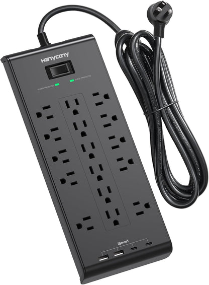 Extension Cord 15 Ft, HANYCONY Power Strip with 16 Oultets 4 USB Ports(2 USB C), 2700 Joules Heay Duty Surge Protector, Flat Plug, Wall Mount for Home Office, ETL Listed, Black