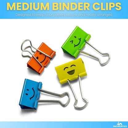 1InTheOffice Medium Cute Colored Smiley Face Binder Clips with Storage Tub, 5/8" Capacity, Assorted Colors, 42 Pack