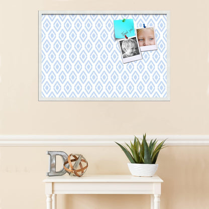 PinPix 36x24 inch Cork Bulletin Board. This Decorative Framed Pin Board Comes with Ikat Light Blue Design and Satin White Frame. Ideal for Home, Office Decor or School (PinPix-1633)