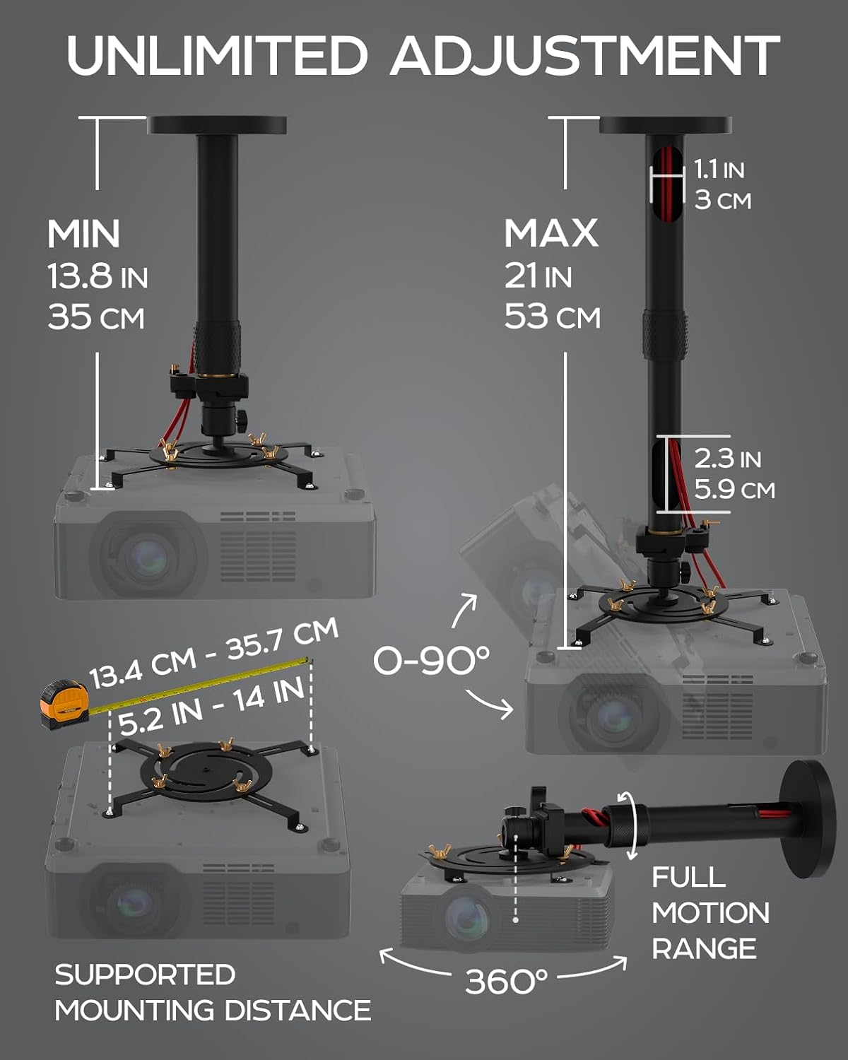 PropVue Universal Projector Mount - Adjustable Ceiling or Wall Mount for Office & Home Mini Projectors - Full Motion, Easy Installation, 360° Swivel, Extendable Length 13.8" to 21"