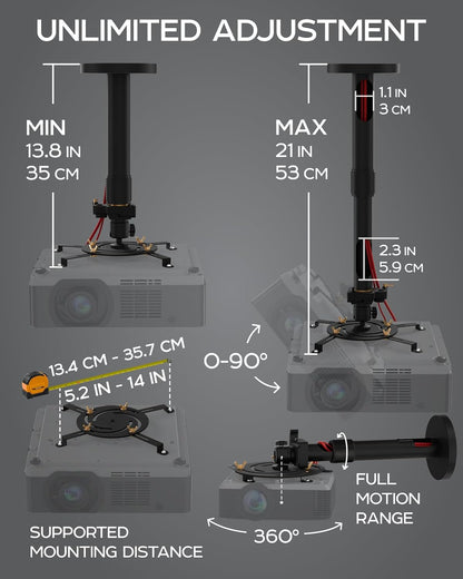 PropVue Universal Projector Mount - Adjustable Ceiling or Wall Mount for Office & Home Mini Projectors - Full Motion, Easy Installation, 360° Swivel, Extendable Length 13.8" to 21"