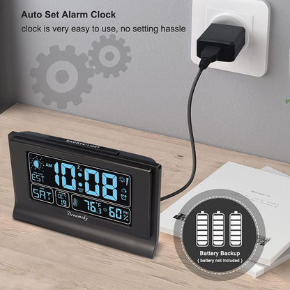 DreamSky Alarm Clocks for Bedrooms with Battery Backup, Auto Set Digital Clock with Date and Day of Week, Indoor Temperature Humidity, Moon Phase, Dimmer, Auto DST, USB Port