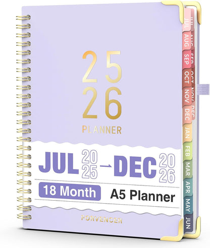 Jul 2025 - Dec 2026 Planner, Forvencer Academic Planner 2025-2026, 18 Month Daily Planner, 6" x 8", Weekly & Monthly Agenda Book, Hardcover Calendar Book, School Supplies for Student Teacher, Purple