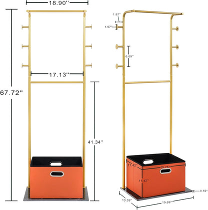 Heavy Duty Coat Rack with Storage Basket Metal Hanging Clothes Rack with Marble Base Modern Standing Clothing Rack for Entryway Bedroom Living Room Hotel 19.69 x 13.39 x 67.72 Inches (Gold)