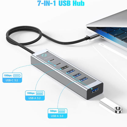 RSHTECH 7-Port USB C Hub Splitter 10Gbps with 3 USB-3.2 (2C + 1A), 4 USB-3.0 Ports and 2ft Long Cable, Aluminum USB-C Hub Multiport Adapters for Laptop and More, RSH-T17C