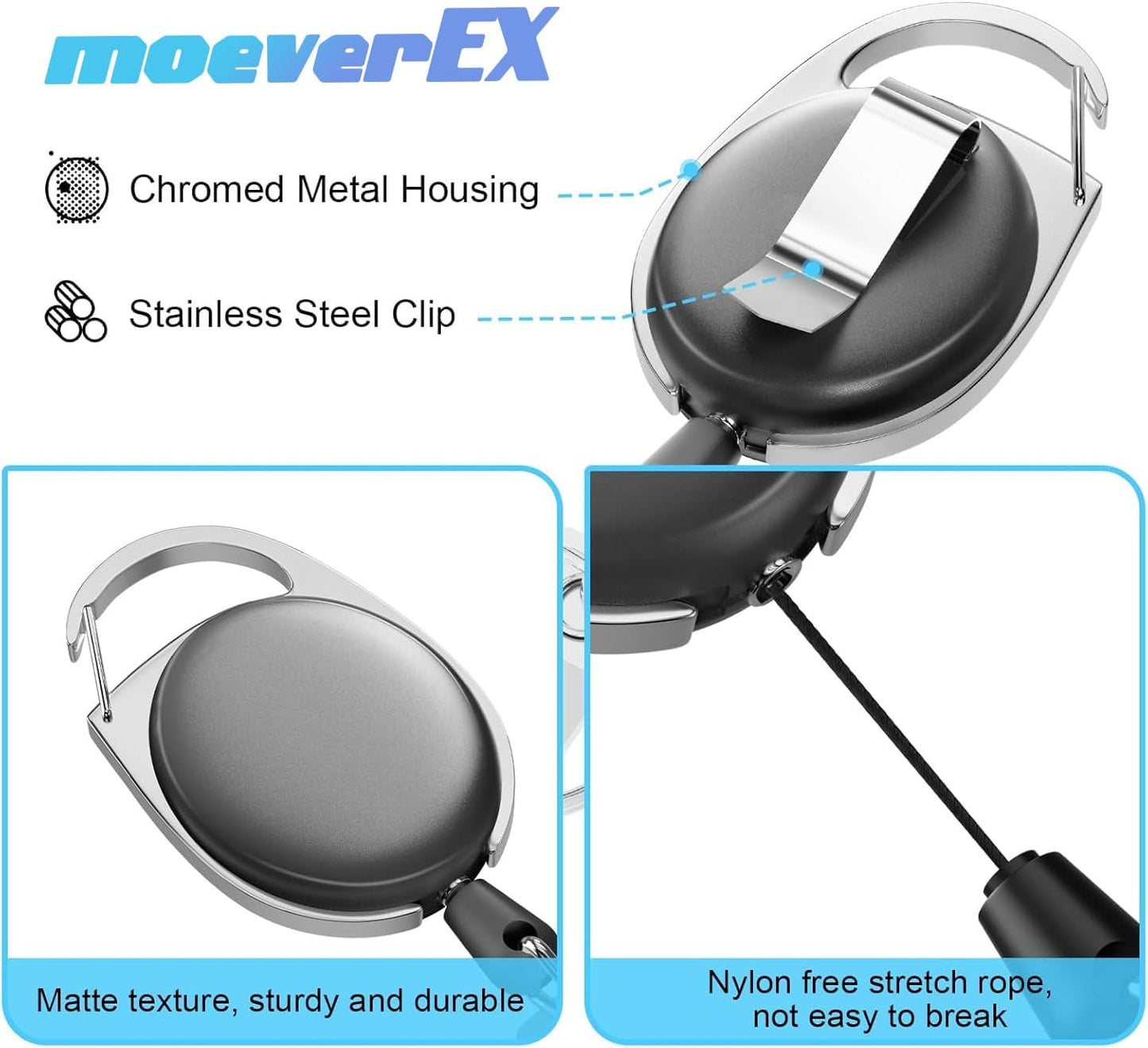 Retractable Badge Holder with Carabiner Reel Clip and Key Ring for ID Card Key Keychain Holders Black 20 Pieces by moeverEX