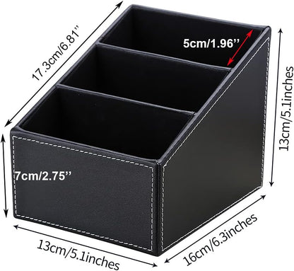 KINGFOM Remote Control Holder with 3 Compartments Pu Leather Remote Caddy Desktop Organizer Store Brush, Pencil, TV Guide, DVD, CD, Blu-Ray, Media Player, Heater Controllers(Black)