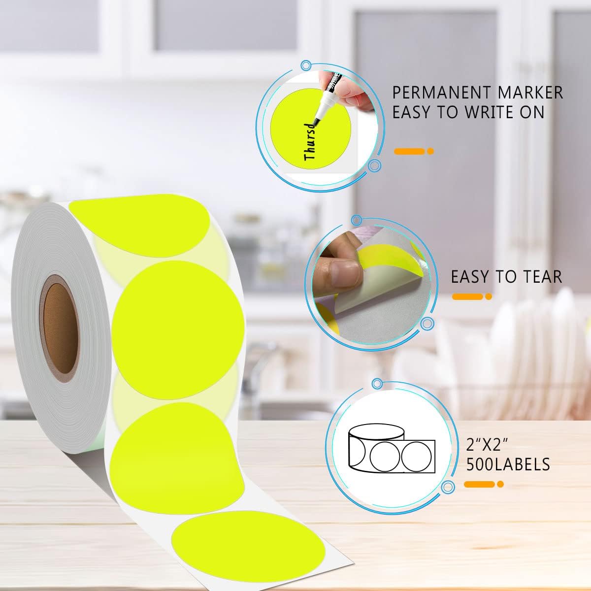 PARLAIM 2" Round Circle Dot Sticker 500pcs Color Coded Labels Permanent Adhesive Writable Surface for Inventory Storage Organizing Moving, Fluorescent Yellow