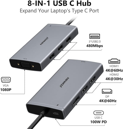 ABIWAZY USB C Docking Station Dual Monitor Adapter for Dell HP Laptop Docking Station 3 Monitors Quadruple Display USBC Hub Dongle to 4K HDMI,DP,VGA,3 USB2.0,100W PD, USB-C Dock for Lenovo,Surface