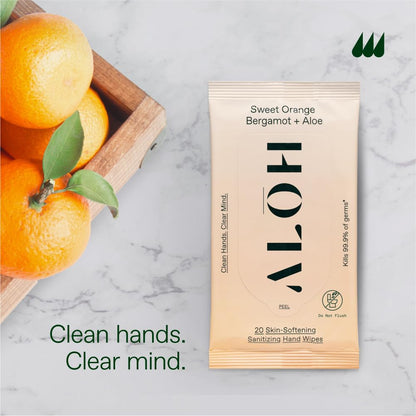 ALŌH Sweet Orange Bergamot + Aloe Sanitizing Hand Wipes - Clean Hands, Clear Mind - On The Go Hand Sanitizer Wipes for Kids and Adults - Travel Size 6 Packs 20ct Wipes (120 wipes)