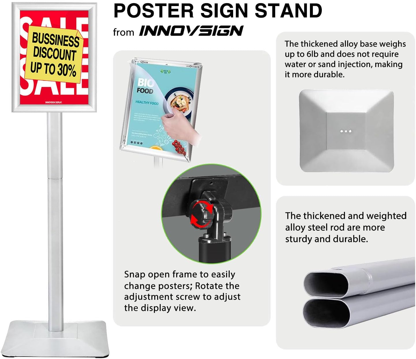 Heavy Duty Adjustable Pedestal Poster Sign Stand, 8.5x11 Aluminum Open Floor Standing Sign Holder for Vertical and Horizontal View Display (8.5x11,Silver)