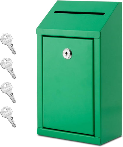 Metal Donation Box with Lock, Wall Mounted, Suggestion Box with 4 Iron Keys, Green, Cash Drop Box with Slot, 1-Pack