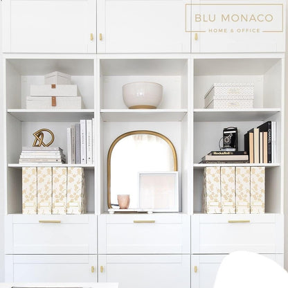 BLU MONACO Decorative Foldable Magazine Storage Boxes for Desk – Set of 4 with Gold Floral Pattern & Gold Label Holder – Ideal for Book Organization & Vertical File Storage