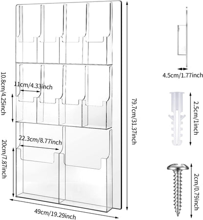 Weysat Acrylic Brochure Holder Wall Mount, Clear Plastic Pamphlet Holder Magazine Display Trifold Flyer Rack Hanging Literature Storage Organizer(2 Magazine Pockets, 8 Pamphlet Pockets)