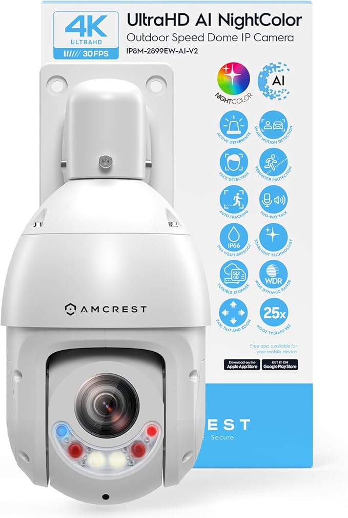 Amcrest 4K (8MP) Outdoor PTZ POE + IP Camera Pan Tilt Zoom (Optical 25x Motorized) Human and Vehicle Detection AI, Perimeter Protection, 328ft Night Vision POE+ (802.3at) IP8M-2899EW-AI-V2
