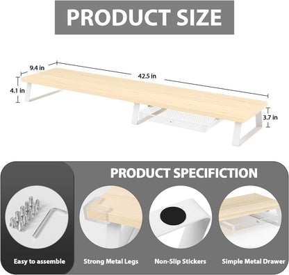 Aothia Dual Monitor Stand Riser - Monitor Stand with Drawer,Monitor Stand For 2 Monitors, Desk Shelf For Monitor with Metal Legs, Wood Monitor Stand with Storage Organize For Pc,Laptop,Screen (Oak)