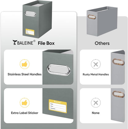 BALEINE File Organizer Box, Cardboard File Folder Organizer with Handle for Letter Size, Portable Collapsible Hanging Filing Box for Home Office Document Storage (2 Pack, Grey)