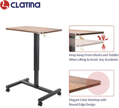 CLATINA Mobile Laptop Desk Pneumatic Sit to Stand Table Height Adjustable Rolling Cart with Lockable Wheels for Home Office Computer Workstation 28" x 19" Brown Round Edge Design Elegant