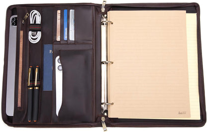 3 Ring Binder Genuine Leather Portfolio, Front Pocket, 8.5 x 11 Legal Pad Padfolio for Men and Women, Zip Notepad Laptop Organizer, Professional Business Executive Work Folio, Dark Brown