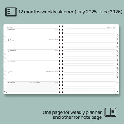 POPRUN Planner 2025-2026 Weekly Planner Notebook (Large 8.5''x 10.5'') Academic Calendar (JUL.25 - JUN.26) Appointment Book with Monthly Tabs, Spiral Soft Cover, Inner Pocket, 100 GSM - Cerulean Blue