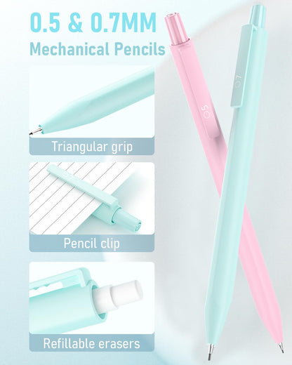 12PCS 0.5 & 0.7 mm Mechanical Pencils Set with Case, Cute Pastel Mechanical Pencil with 720PCS HB Lead Refills, 3 Erasers, Aesthetic Back to School Supplies for Student Writing Drafting