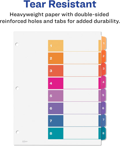 Avery 8 Tab Dividers for 3 Ring Binders, Customizable Table of Contents, Multicolor Tabs, 6 Sets (11186)