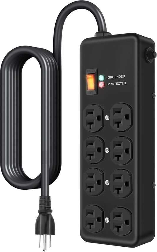 20Amp Power Strip Surge Protector, Durable Metal 8-Outlet with Heavy Duty 20 Amp 6Ft 12 Gauge Extension Cord, for Garage, Workshop & Industrial Use with 6-20R T-Slot Outlets, 4800J