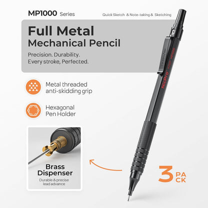 Nicpro 0.5 & 0.7 & 0.9 mm Metal Mechanical Pencil Set with Case, 6PCS MP1000 Artist Lead Pencil with 12 Tubes HB & 2B Lead Refills, 3 Erasers For Architect Art Writing Drafting Sketching Drawing