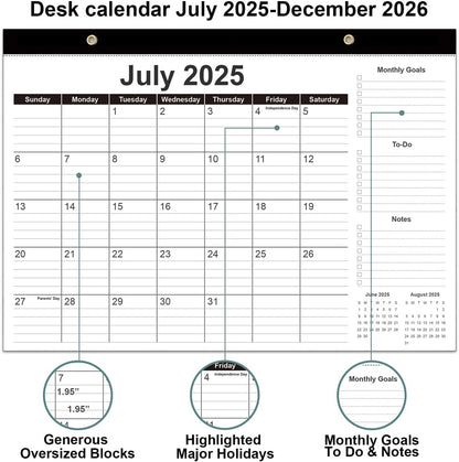 Desk Calendar 2025-2026 - 18 Months Calendar from September 2025 to December 2026, 2025-2026 Desk Calendar with Thick Paper, 12" x 17", Black