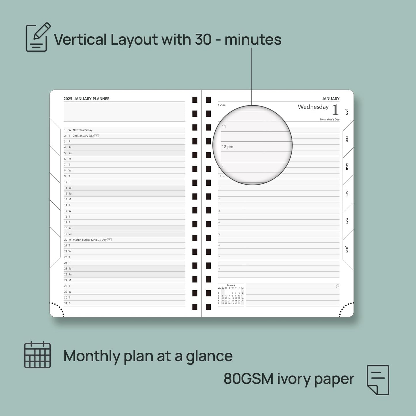 POPRUN Academic Daily Planner 2025-2026 One Page A Day - [5.75" x 8.5"- Spiral Hard Cover], Appointment Book (July 2025 - June 2026) with Monthly Calendar - Pacific Green