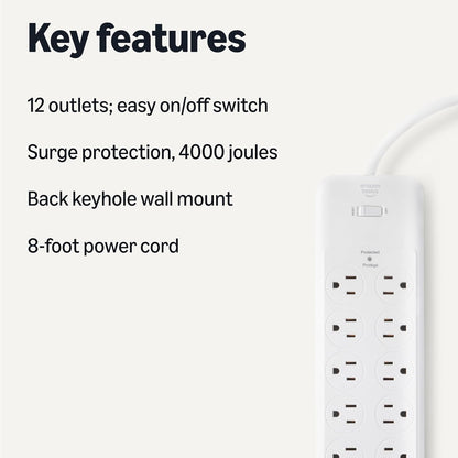 Amazon Basics Surge Protector Power Strip, 12-Outlet, 4000 Joules, 8ft Extension Cord, Rectangle, for Home, Office, Gaming Room, White