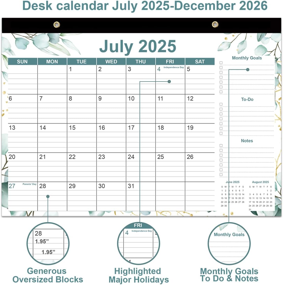 2025-2026 Desk Calendar - 18 Months Calendars from September 2025 - December 2026, Desk Calendar 2025-2026 with Thick Paper, 17" x 12", Green Leaf