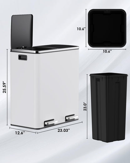 Arlopu 16 GallonStainless Steel Trash Can, 60L Dual Compartment, Metal Kitchen Step Recycle Bin, Metal Double Dustbin, in-Home Garbage Rubbish Can W/Removable Liner Buckets (White)