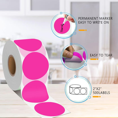 PARLAIM 2" Round Circle Dot Sticker 500pcs Color Coded Labels Permanent Adhesive Writable Surface for Inventory Storage Organizing Moving, Fluorescent Pink