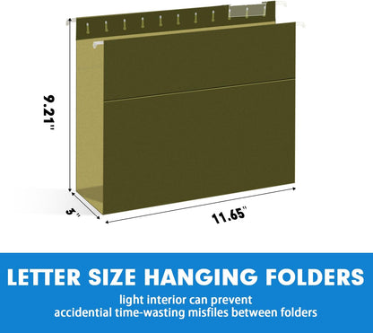 Extra Capacity Hanging File Folders, RAZCC 60 Pack Letter Size Reinforced Hanging Folders with Heavy Duty 3 Inch Expansion for Bulky Files, Filing Cabinet, Adjustable Tabs, Green