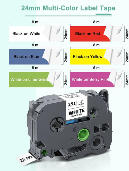 6-Pack 24mm 0.94" Label Maker Tape Compatible for Brother Label Tape 1 Inch PTouch Tze Tz 24mm Laminated Colored for PTP710BT PT-D610BT PTD600 PT2300, White/Red/Yellow/Blue/Green/Pink