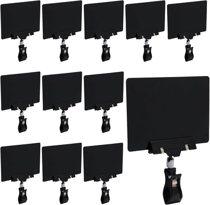 Biaungdo 12 Pcs Plastic Chalkboard Sign with Rotating Clip, Erasable Blackboard Price Tags Double Sided Waterproof Blackboard Clips Display Clip Holder for Shelves,Store,Business, Supermarket(Black)