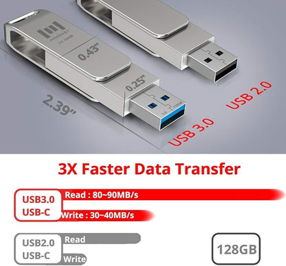 MOSDART 128GB USB3.1 Fast Speed C and A Dual Flash Drive, exFAT Memory Stick with Keychain Loop, for iPhone 15,16,17, Android Phone, iPad, MacBook, Silver(Pack of 2)