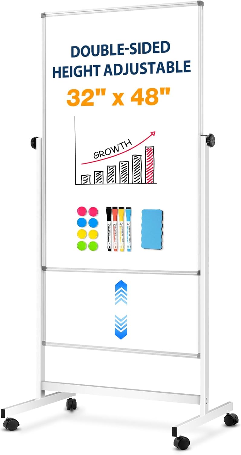[21 Sq/ft] Large Double-Sided Rolling Whiteboard, 32"x48" Reversible Dry Erase Board with Stand, Magnetic White Board on Wheels, Standing Mobile Whiteboard, School Supplies, Classroom, Office, Home