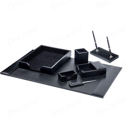 Dacasso Black Bonded Leather Luxury 7 Piece Desk Set - Blotter Pad & Desk Mat Organization Essentials - Executive Decor and Surface Protector