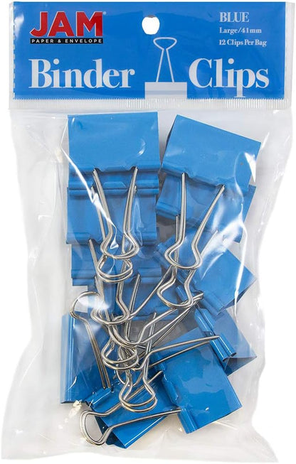 JAM PAPER Colorful Binder Clips - Large - 1 1/2 Inch (41 mm) - Blue Binderclips - 12/Pack