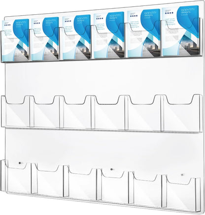 18 Pockets Acrylic Brochure Pamphlet Holder Wall Mount, 4 inches Pocket Brochure Display Stand, Pamphlet Display Stand Wall Mount, Clear Plastic Trifold Flyer Rack Literature Holder