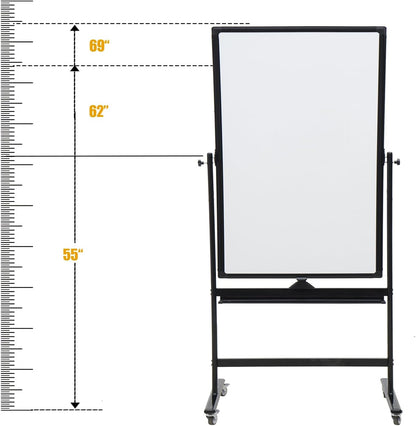 40" x 28" Double-Sided Mobile Whiteboard with Wheels | Rolling Magnetic Dry Erase Board on Stand | Adjustable Height Black Frame White Board for Office, Classroom & Home