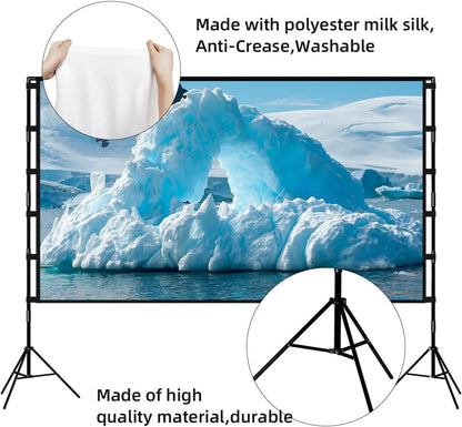 Projector Screen and Stand, Towond 120 inch Portable Projector Screen Indoor Outdoor Movie Screen 16:9 4K HD Wrinkle-Free Lightweight Projection Screen with Carry Bag for Backyard Movie Night