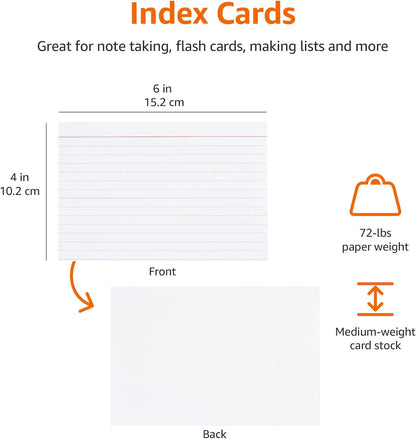 Amazon Basics Ruled Lined Index Note Cards, 500 Count, 5 Pack of 100, White, 4 in x 6 in