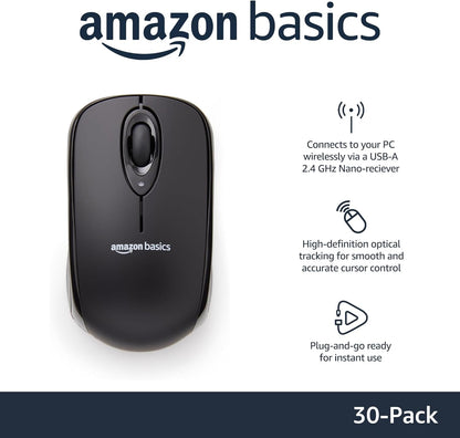 Amazon Basics 2.4 Ghz Wireless Optical Computer Mouse with USB Nano Receiver, Black, 30 Pack