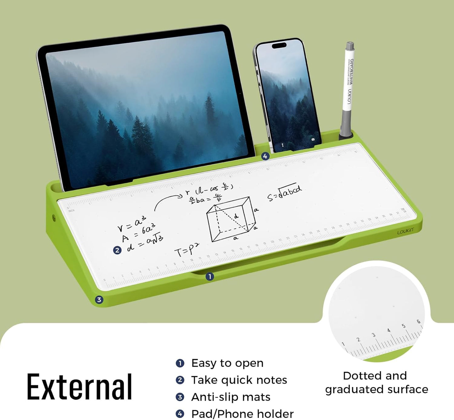 LOUKIN Glass Desktop Whiteboard, 15.3" x 5.6" Dry Erase Desk Board with Dotted and Graduated Surface, Desktop Buddy, Great for Design and Drawing, 3 Markers and 1 Dry Erase Eraser Included (Green)