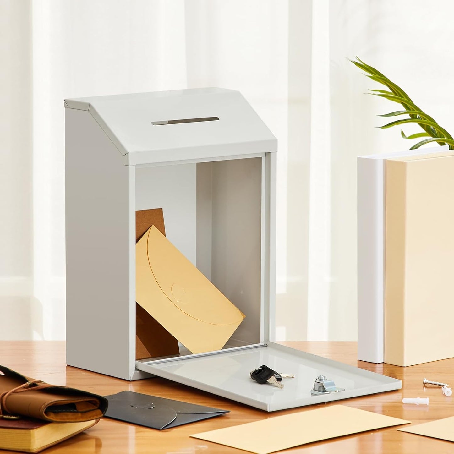 Metal Donation Cash Box Collection Safe Suggestion Box with Lock Wall Mounted Mailbox Delivery Ballot Container for Home Office Outdoor Door