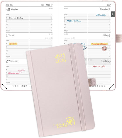 POPRUN Pocket Planner 2025-2026, (Purse Size 4''x 6.25'' Hard Cover) Academic Year Calendar Daily Weekly and Monthly (July 25-June 26) with Hourly Time Slots, 100 GSM Paper - Light Pink