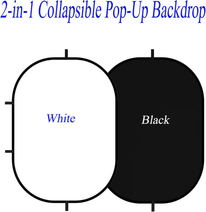 5x7ft/1.5x2m Chromakey Black White Backdrop with 7.8ft/2.4m Stand, 2-in-1 Reversible Collapsible Pop-Up Black White Screen Background Panel for Photography Studio, Live Streaming, Video Shooting